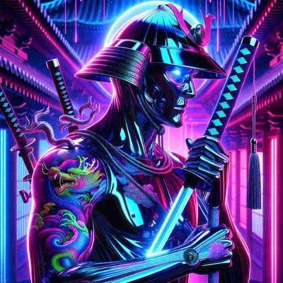 The primary subject of the image is a person, possibly a robot or a cyborg, with a sword in their hand. The person is standing in a room with a pink and purple color scheme, which gives the scene a futuristic and vibrant atmosphere. The visual style of the image is digital art, as it appears to be a computer-generated or digitally edited illustration. The dominant colors in the image are pink, purple, and blue, creating a unique and eye-catching mood.
